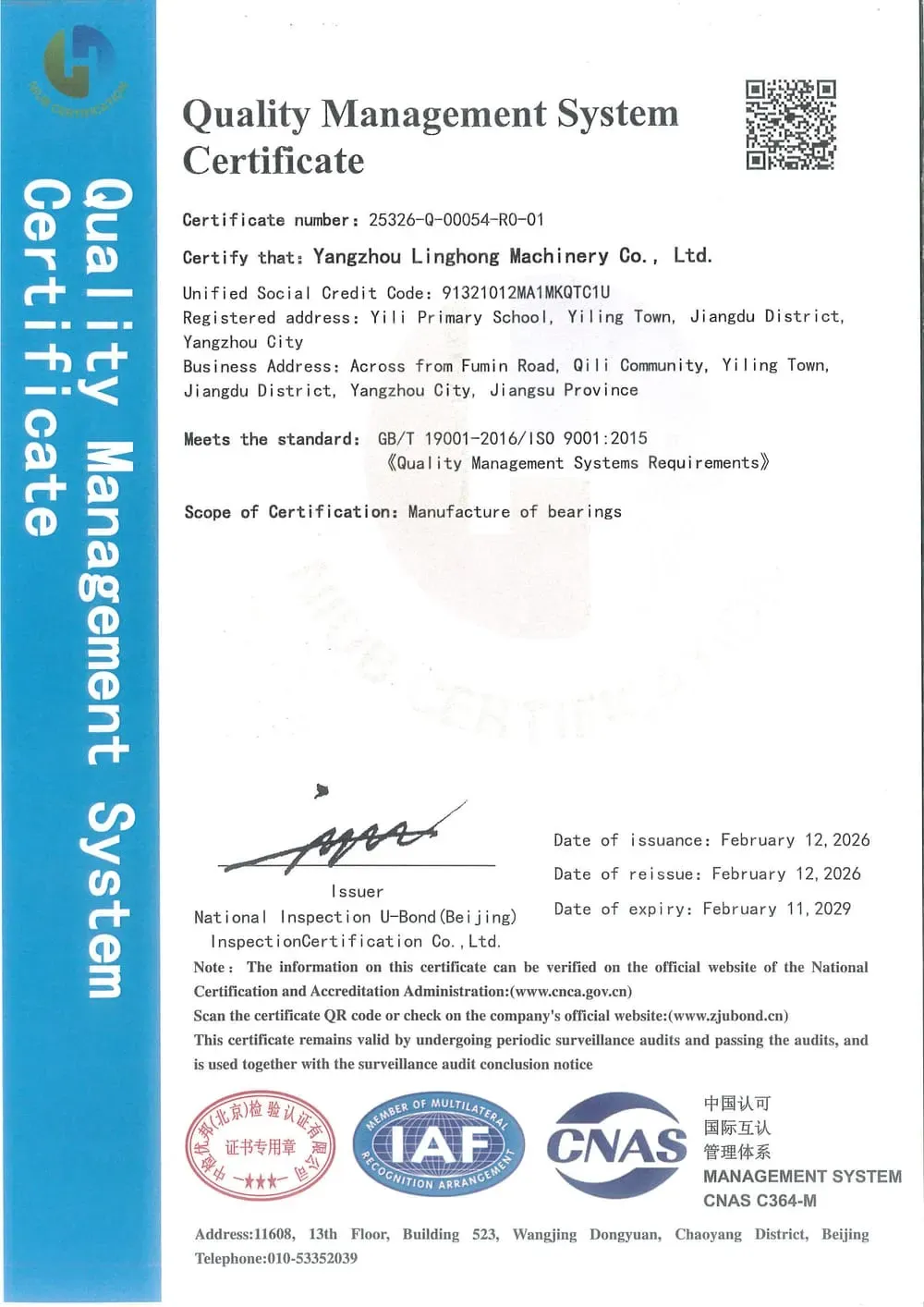 Certificato ISO 9001:2015 di LINOX Bearing