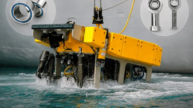 Robot da ispezione subacquea che entra in mare, con dettagli di snodi sferici e teste a snodo