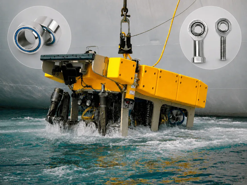Underwater inspection robot entering seawater with inset images of spherical plain bearings and rod ends