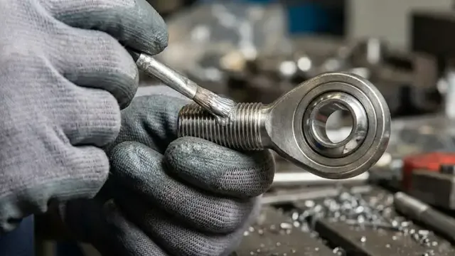 Tecnico che lubrifica una testa a snodo in acciaio inossidabile