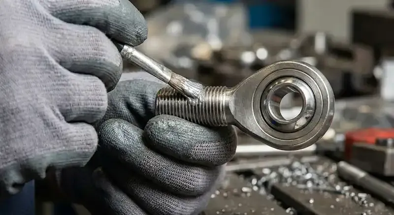 Tecnico che lubrifica una testa a snodo in acciaio inossidabile